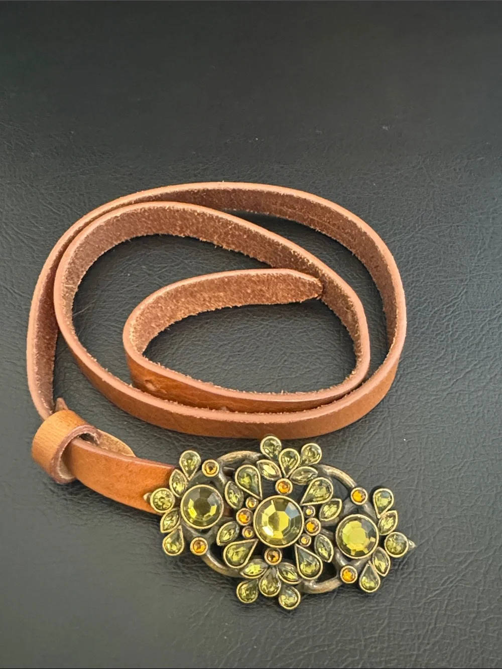 Talbots Womens Brown Leather Belt Colored Floral Buckle Adjustable Size XS